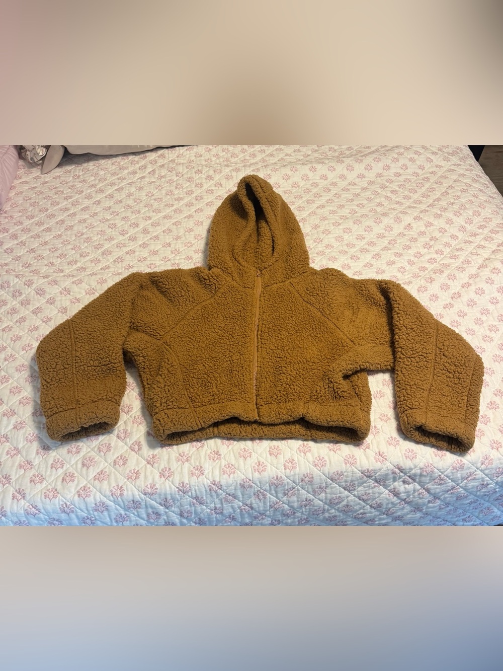 wild fable Cropped Teddy Hoodie Jacket in Camel Brown